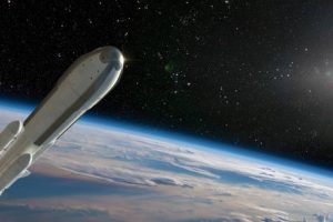 A generic space rocket being propelled at high speed away from the earth, part of which is visible in the background, into deep space. The spacecraft is powered by thrusters emitting a bright trail. A lens flare from the sun is visible.Nasa image: https://eol.jsc.nasa.gov/DatabaseImages/ESC/large/ISS063/ISS063-E-76166.JPG