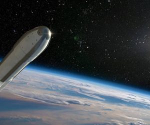 A generic space rocket being propelled at high speed away from the earth, part of which is visible in the background, into deep space. The spacecraft is powered by thrusters emitting a bright trail. A lens flare from the sun is visible.Nasa image: https://eol.jsc.nasa.gov/DatabaseImages/ESC/large/ISS063/ISS063-E-76166.JPG