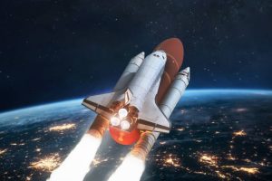 Space shuttle in space near Earth planet at night. Spaceship on orbit. View from international space station. Expedition on ISS. Elements of this image furnished by NASA (url: images-assets.nasa.gov/image/iss040e090540/iss040e090540~orig.jpg images-assets.nasa.gov/image/iss040e090540/iss040e090540~orig.jpg)