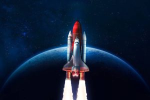 Space shuttle flight in deep space. Space rocket on orbit of Earth planet. Sci-fi space wallpaper. Elements of this image furnished by NASA (url:https://earthobservatory.nasa.gov/blogs/elegantfigures/wp-content/uploads/sites/4/2011/10/land_shallow_topo_2011_8192.jpg)