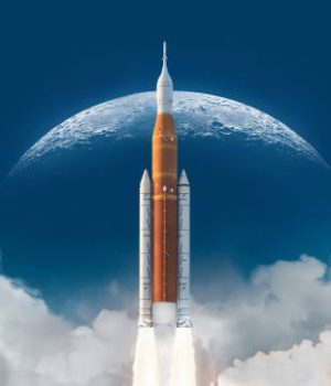 SLS space rocket in sky with clouds. Mission to Moon. Spaceship launch from Earth. Orion spacecraft. Artemis space program to research solar system. Elements of this image furnished by NASA (url: https://www.nasa.gov/sites/default/files/thumbnails/image/ksc-20220318-ph-kls03_0079large.jpg)